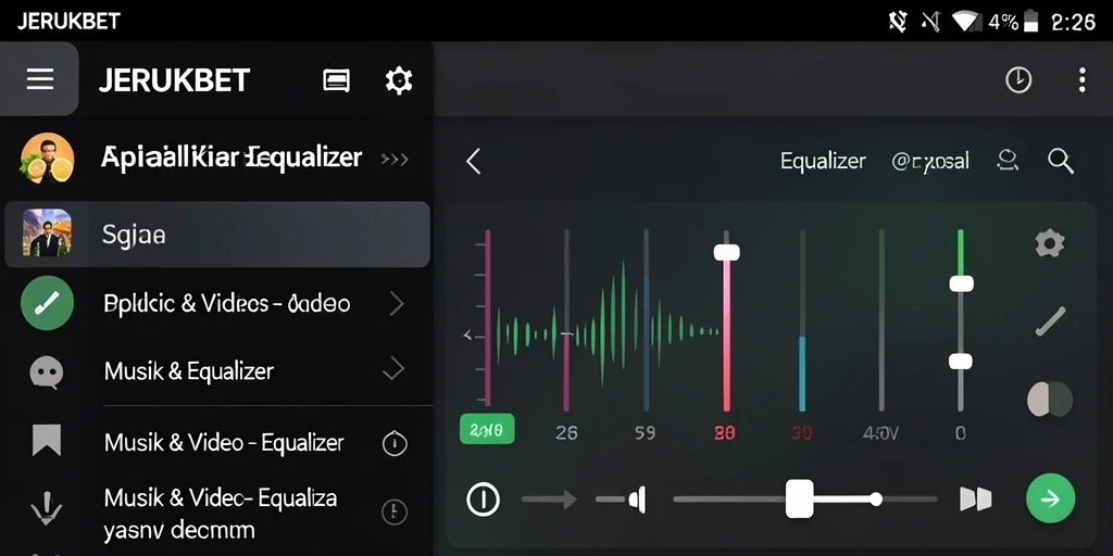 Tampilan antarmuka aplikasi JERUKBET dengan fungsi Equalizer yang lengkap.