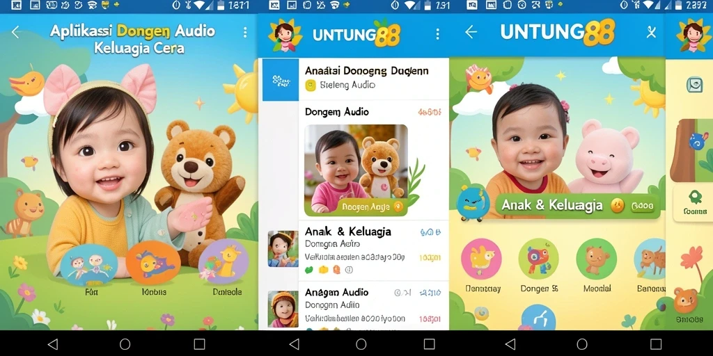 Antarmuka aplikasi UNTUNG88 dengan berbagai pilihan dongeng audio untuk anak-anak.